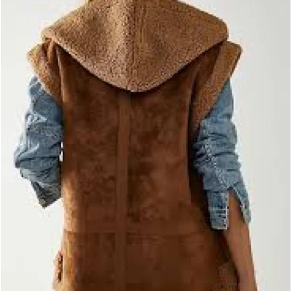 NWT- Free People Suede Sherpa Hooded Vest - Picture 3 of 9
